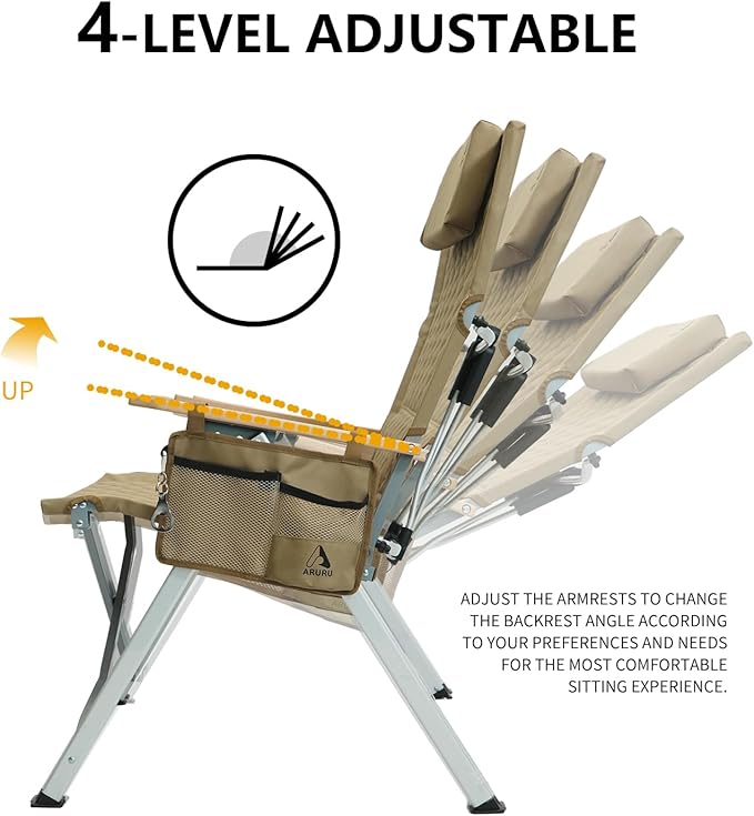 Reclining Camping Chair, Heavy Duty Folding Chairs with 4-Stage Adjustable High Back for Adults, Compact Foldable Outdoor Patio Reclining Chair with Storage Bag (Khaki, 2 Pack)