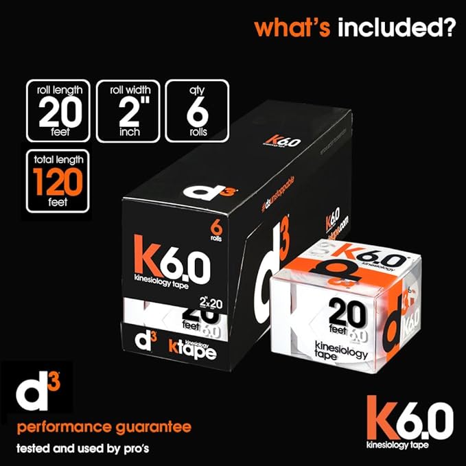 d3 K6.0 Kinesiology Tape - 2in x 20ft White (6 Rolls) Latex-Free Hypoallergenic Joint Muscle Sports Medical Injury Support