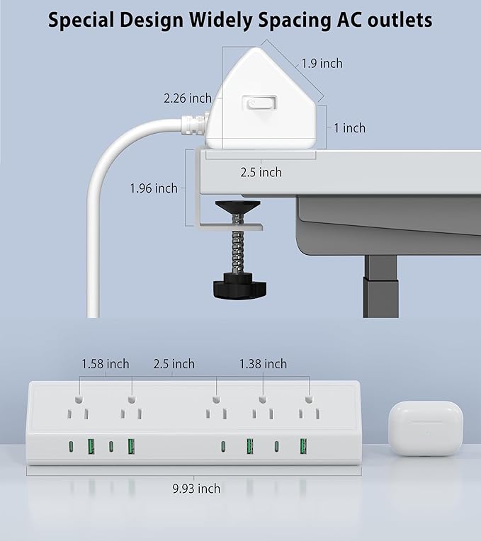Jgstkcity Desk Clamp Power Strip,45W Fast Charging Station,4 USB-C,4 USB-A,Desk Mount Surge Protector,1875W Extension Cord with Multiple Outlets,ETL Listed,for Home Office Dorm Room,White,6 FT
