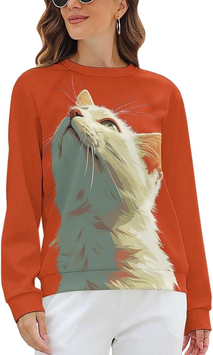 Long Sleeve Shirt Women Fall Cat Print Funny Hide Belly Vacation Plus Size Ladies Hippie Dressy Sweaters