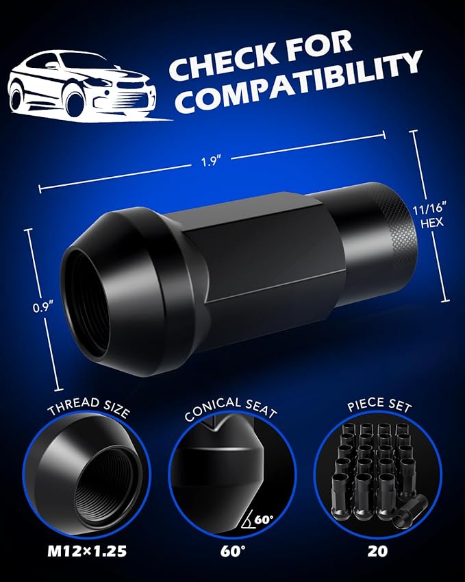 Orion Motor Tech M12x1.25 Lug Nuts, 12mmx1.25 Wheel Lug Nuts Compatible with Infiniti Nissan Subaru Suzuki and More, Open End Lug Nut Set, Set of 20, Black