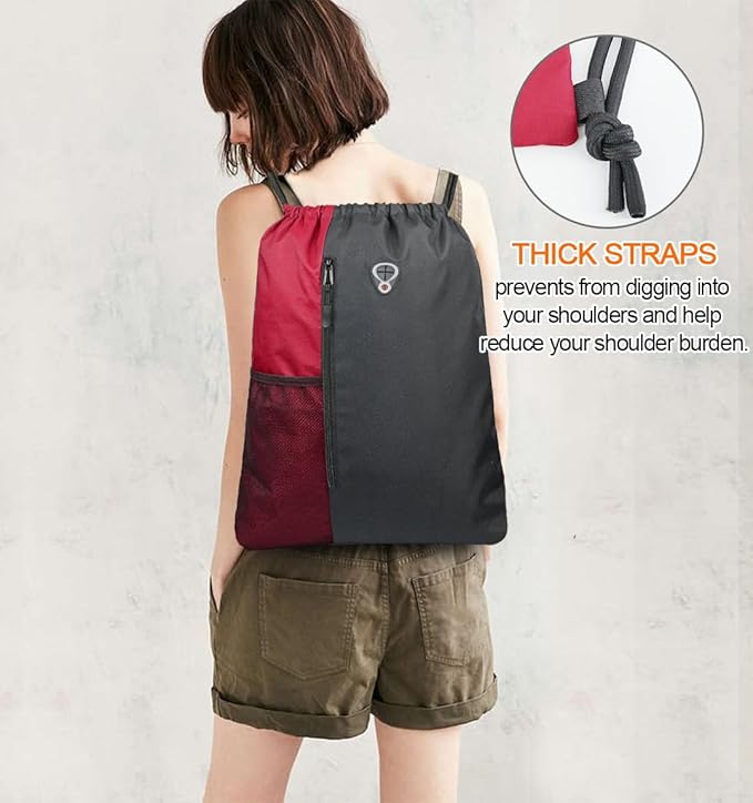 BeeGreen Bright Red Drawstring Backpack Gym Bag For Men & Women – Sports Sackpack with Mesh Water Bottle Holder & 2 Zippered Pockets – Large 16x20 Inch Cinch String Backpack