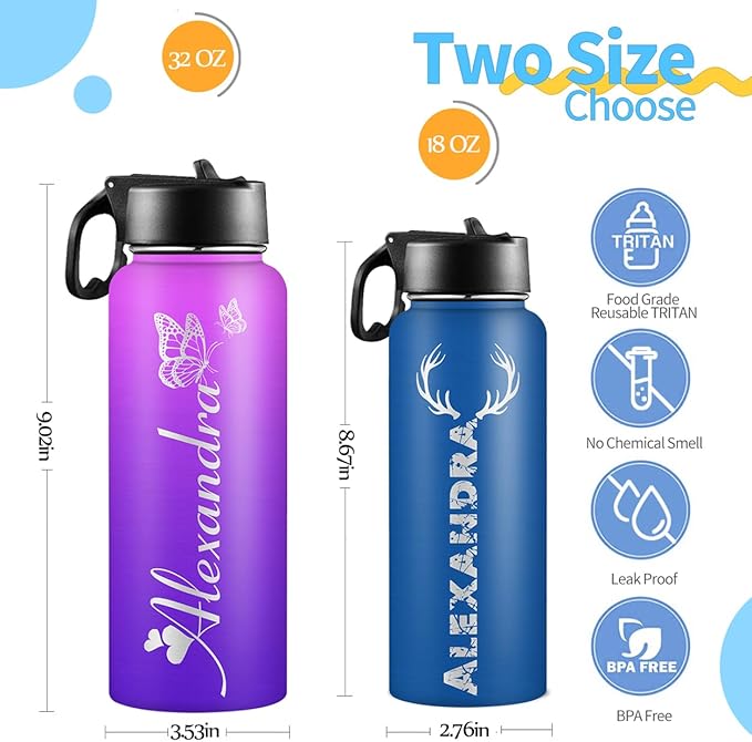 Personalized Water Bottles with Straw Lid Custom Water Bottle Personalized Names Stainless Steel Double Wall Insulated Cup Customized Gifts for Kids Women Men School Sports Style 04