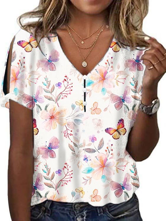 Women's Boho Butterfly Floral Print Cold Shoulder Flowy Tops Summer Dressy Casual V Neck Ladies Blouses Tunic Tops