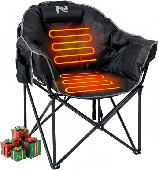 ABORON Oversized Heated Camping Chair, Padded Outdoor Folding Heated Chair with Side Pocket, Heavy Duty Seat for Winter Sports, Patio, Tailgating