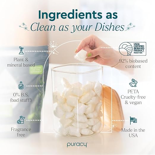 Puracy Dishwasher Pods, Natural Dishwasher Detergent, Free & Clear Dish tabs - Enzyme-Powered, Spot & Residue Free - TikTok Trend Items, Must Haves from TikTok Made Me Buy It (Free & Clear, 18 Count)