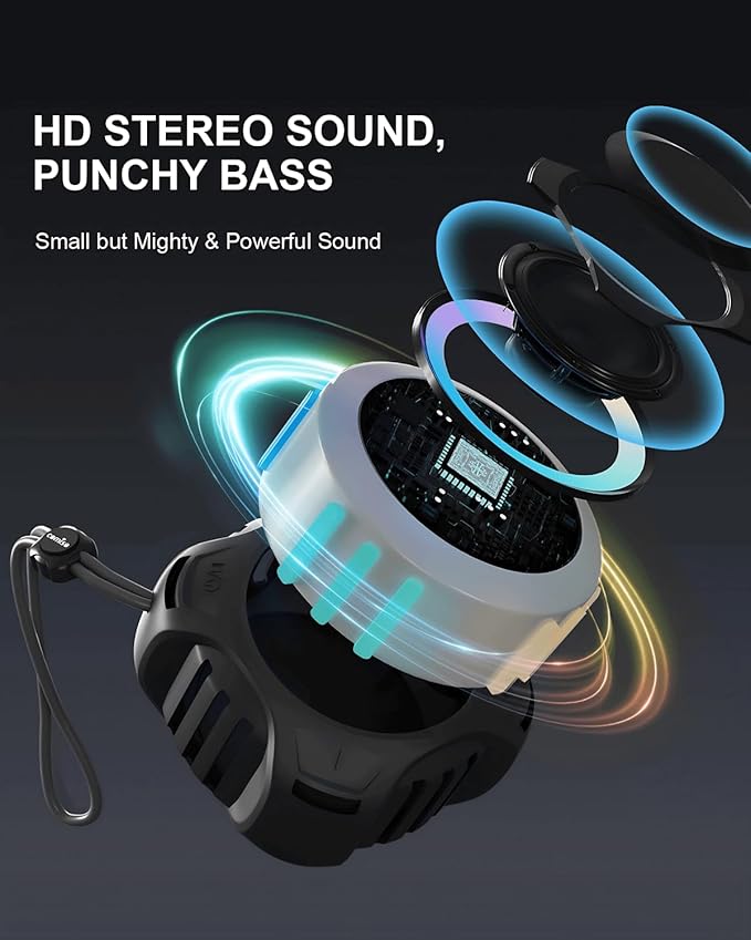comiso Waterproof Speaker with Robust Bass, Shower Speaker with Dynamic Light, TWS Mode, Loud HD Sound, IP67 Waterproof, 2000mAh, Portable Wireless Speakers for Home, Outdoor/Kayak, Gift for Unisex.