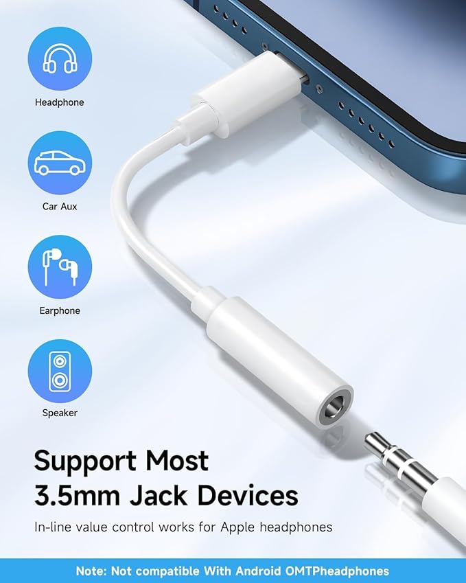 Apple MFi Certified 2 Pack Lightning to 3.5 mm Headphone Jack Adapter for iPhone, iPhone Aux Adapter Converter Dongle Audio Cable Compatible with iPhone 14 13 12 11 X XS 8 7 White