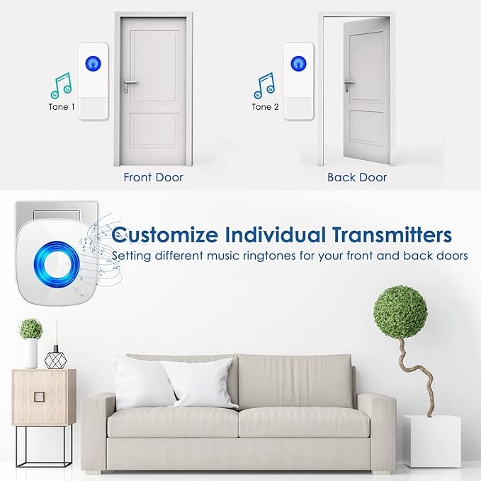 Wireless Doorbell with 3 Receivers 2 Buttons, PHYSEN Waterproof Door Bell Kits for Home Classroom, Operating at 1300-ft Range, 58 Ringtones & 5 Volume Levels with Mute Mode, Bright LED Indicator