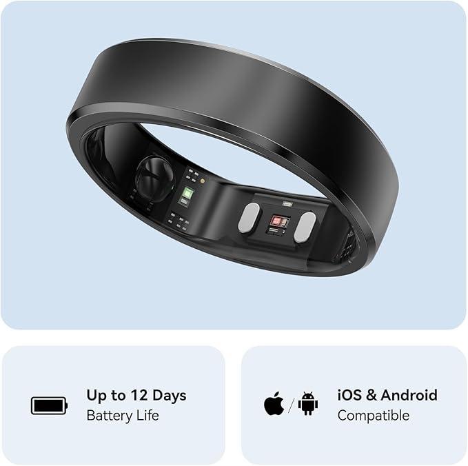 RingConn Gen 2, World’s First Smart Ring with Sleep Apnea Monitoring, No APP Subscription, 12-Day Battery Life, Stress/Heart Rate/Women's Health Tracker, Android & iOS Compatible (Black, Size 12)