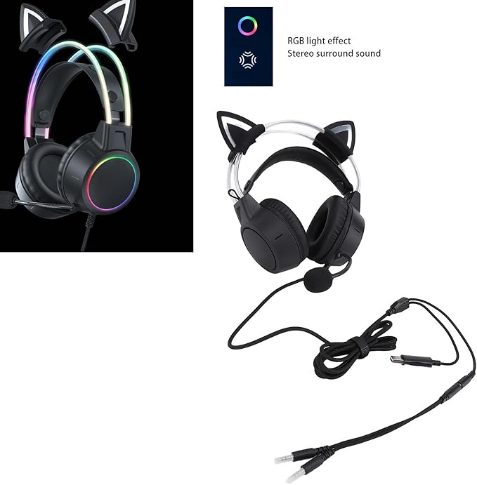 SUNGOOYUE Cat Ear Gaming Headset,with RGB Lighting 50MM Drivers Adjustable Headband Soft Cushions for PC Laptop Switch Series X S