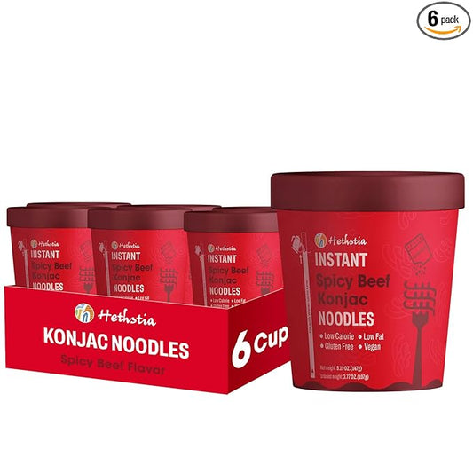 Hethstia Konjac Noodle Spicy Beef Soup, 6-Pack Instant Shirataki Pho Soup Cup, Low-Calorie 34.32 oz Konjac Pho Pasta Spicy Beef Broth, Sugar-Free, Low-Carb, Gluten-Free, Vegan Healthy Asian Meal