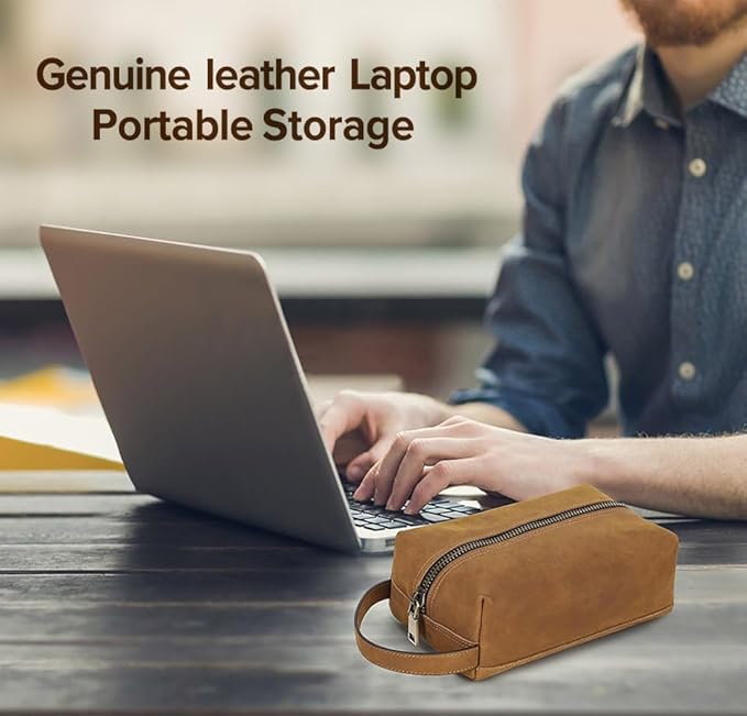 Genuine Leather Electronic Organizer Vintage Zipper Bag Travel Storage Case for Phone USB Cables (Camel)