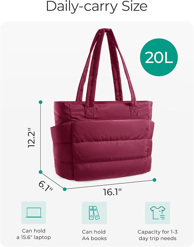 BAGSMART Tote Bag for Women, Lightweight Puffy Tote Bag with Compartments Shoulder Bag Handbag for Travel, Work, Gym | Puffy, Lightweight, for Travel, Quilted, Tote Bag with Compartments, Work
