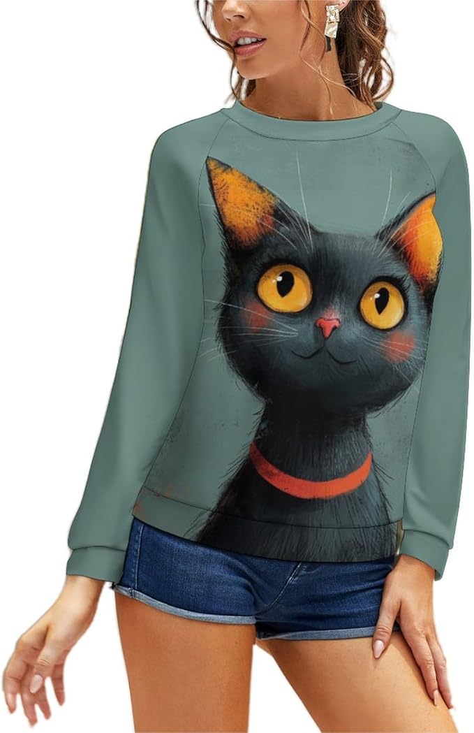Long Sleeve Shirts for Women Cat Printed Fall Winter Dressy Holiday Casual Fashion Crewneck Tunic Tee Shirts