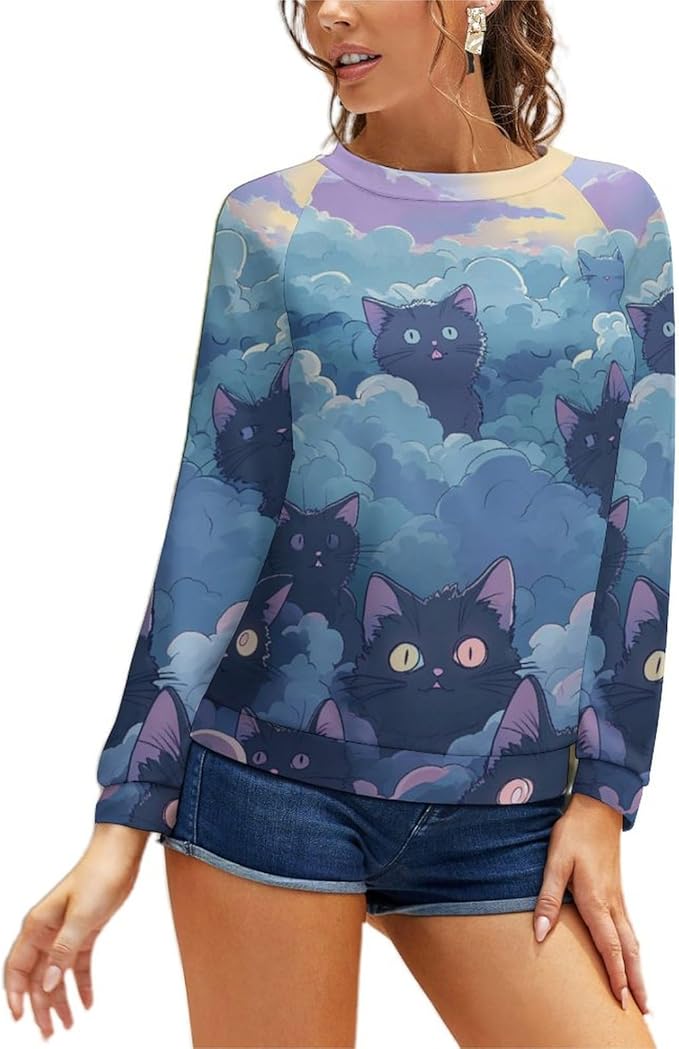 Long Sleeve Shirt Women Fall Cat Print Funny Hide Belly Vacation Plus Size Ladies Hippie Dressy Sweaters
