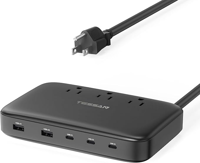 PD 130W Charging Station for Multiple Devices, TESSAN 8-in-1 USB C Charger Block Compatible with iPhone 17/16/15, MacBook, Tablet, Charging Dock with 3 USB-C, 2 USB-A & 3 AC, Home Office Accessories
