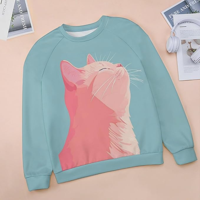 Long Sleeve Shirt Women Fall Cat Print Funny Hide Belly Vacation Plus Size Ladies Hippie Dressy Sweaters
