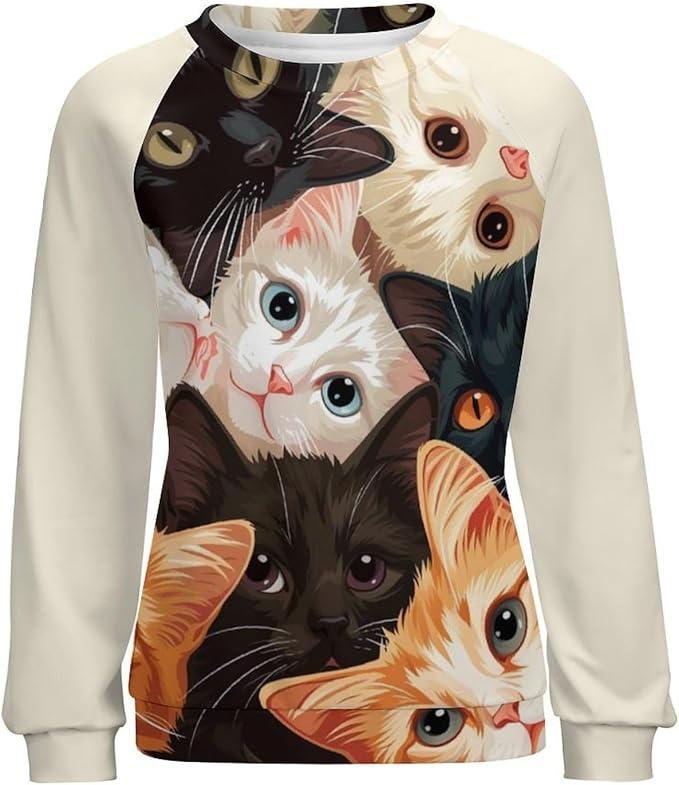 Long Sleeve Shirt Women Fall Cat Print Funny Hide Belly Vacation Plus Size Ladies Hippie Dressy Sweaters