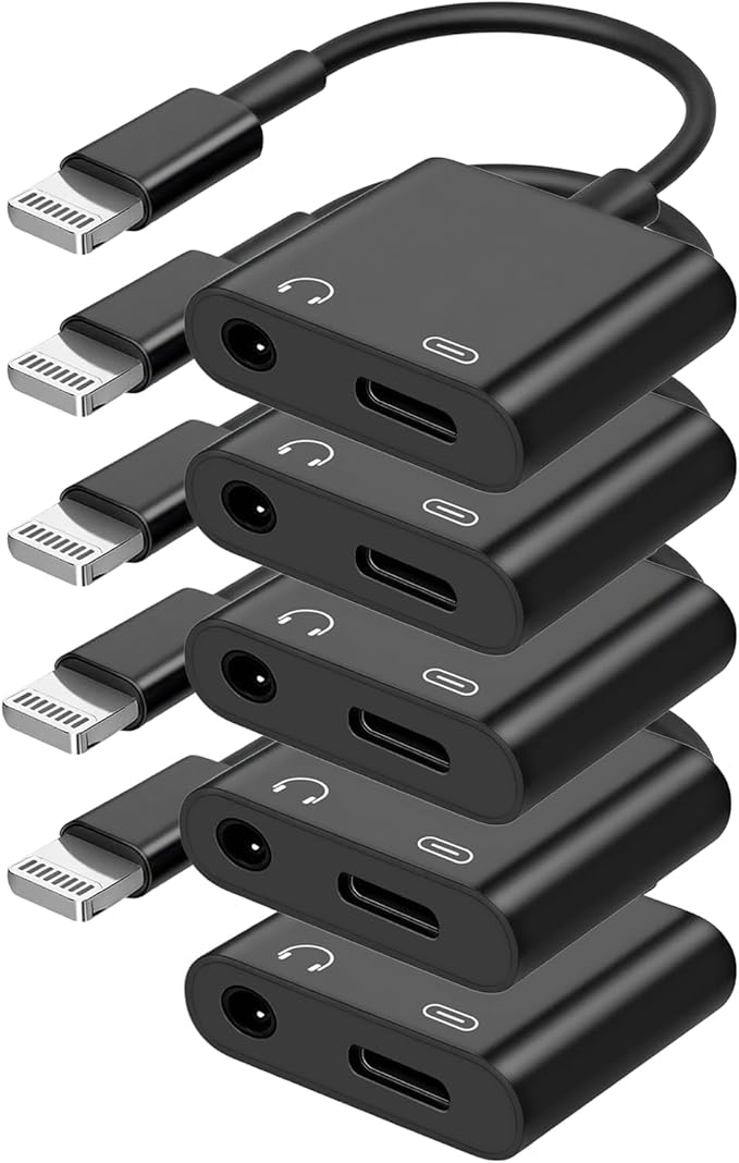 [Apple MFi Certified] 2-in-1 Charging & Audio Adapter for iPhone, Lightning to 3.5mm Headphone Jack Dongle Splitter, Supports Hi-Res Lossless Sound, Compatible with iPhone 14/13/12/11/XS/XR/8/7 5Pack