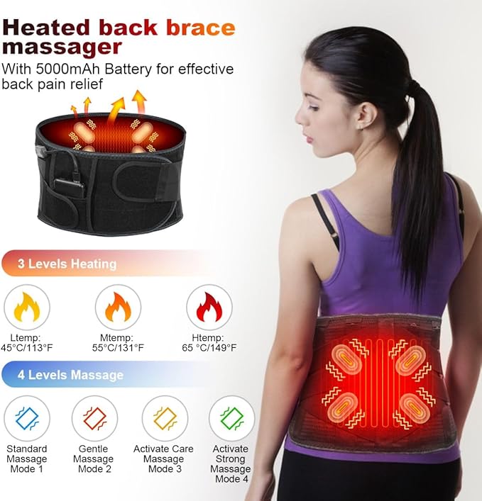 Cordless Heating Pad Back Massager Brace, Rechargeable Heated Back Brace and Massage Belt for Lower Back Pain Relief(XL)