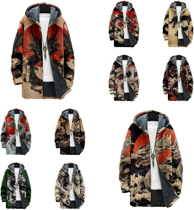 Mens Hooded Cardigan Japanese Art Zip Up Long Sleeve Sweater Hoodie Dragon Print Coat with Pockets