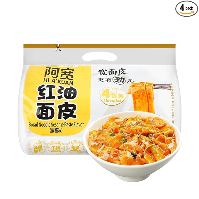 Akuan Sichuan Spicy Red Chili Oil Wide Noodles, Non-Fried Instant Chinese Ramen, 4.05oz per Bag, 4 Pack (1 Pack, Sesame Sauce)