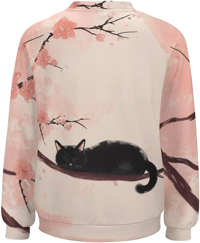 Long Sleeve Shirts for Women Cat Printed Fall Winter Dressy Holiday Casual Fashion Crewneck Tunic Tee Shirts