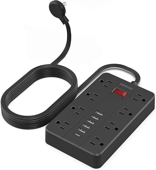10 Ft Extension Cord Surge Protector, SMNICE 8 Widely Spaced Outlets and 6 USB (1 USB C) Charging Ports Flat Plug Power Strip, Desktop Power Cord for Travel Home Office Accessories Black