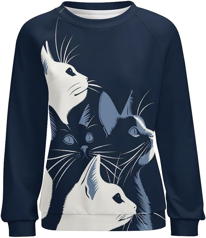 Fall Sweaters for Women 2024 Cat Print Long Sleeve Casual Crewneck Warm Fall Pullover Comfy Fashion Sweatshirts