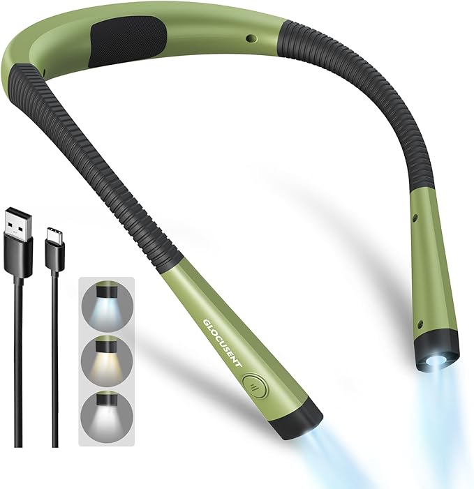 Glocusent Book Light, 3-Color & 6-Brightness Reading Light, Bendable Neck Light, 80-hr Lasting Rechargeable Book Light, Perfect Reading Lights for Books in Bed, Knitting, Repairing, Book Lovers Gifts