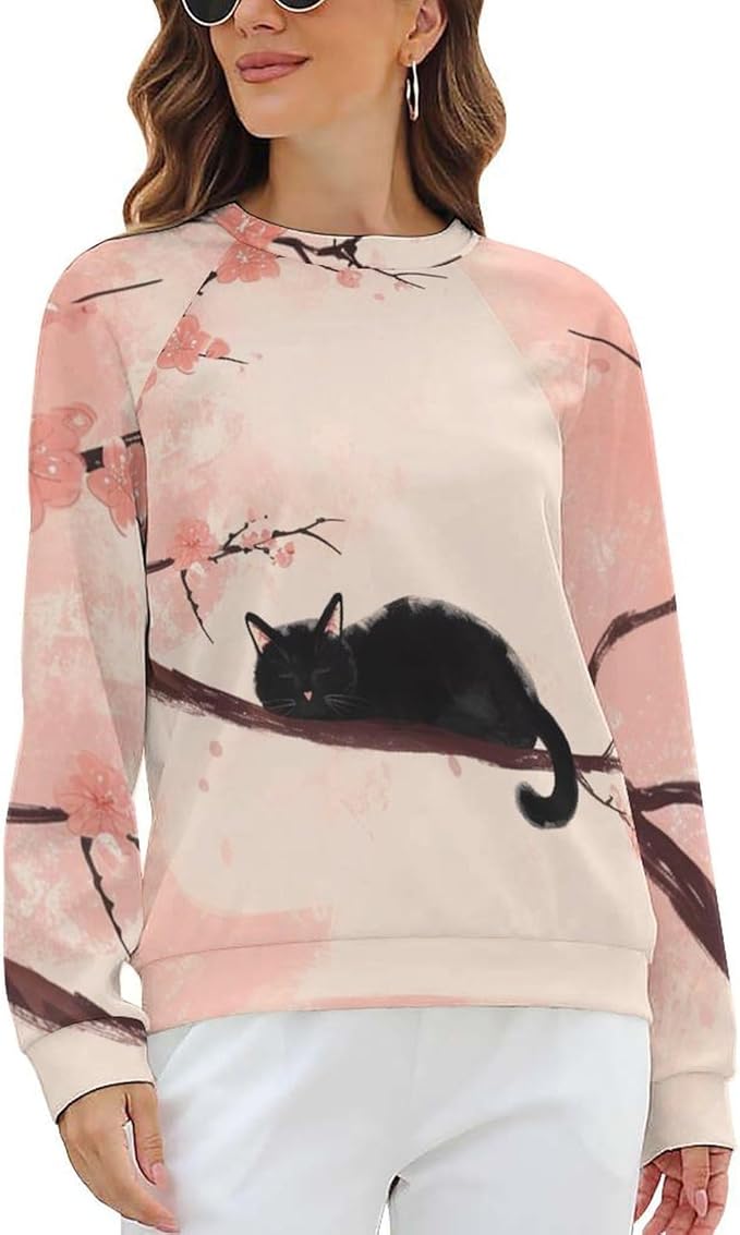 Long Sleeve Shirts for Women Cat Printed Fall Winter Dressy Holiday Casual Fashion Crewneck Tunic Tee Shirts