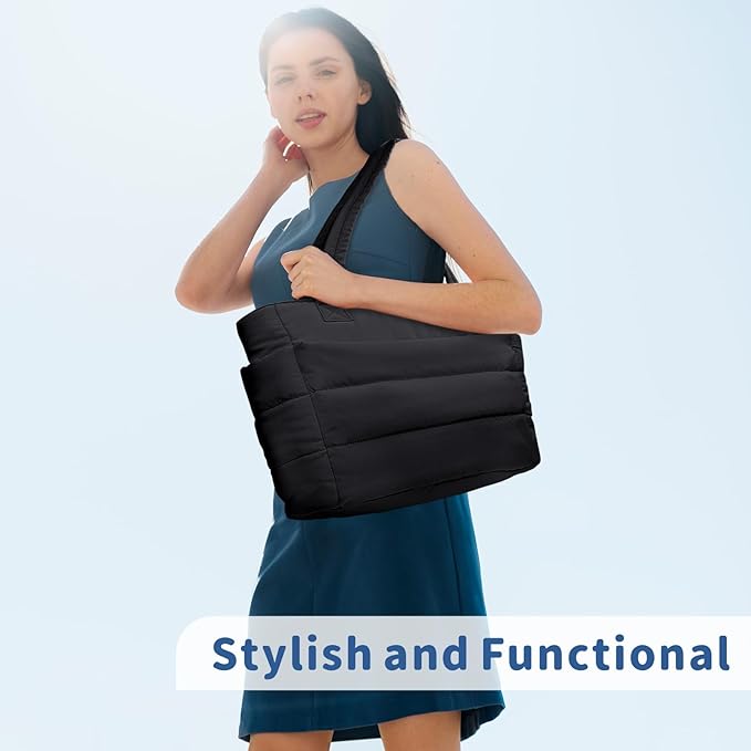TOPDesign Puffer Tote Bag for Women, Lightweight Puffy Handbag with Compartments, Quilted Shoulder Bag for Work, Travel, Gym