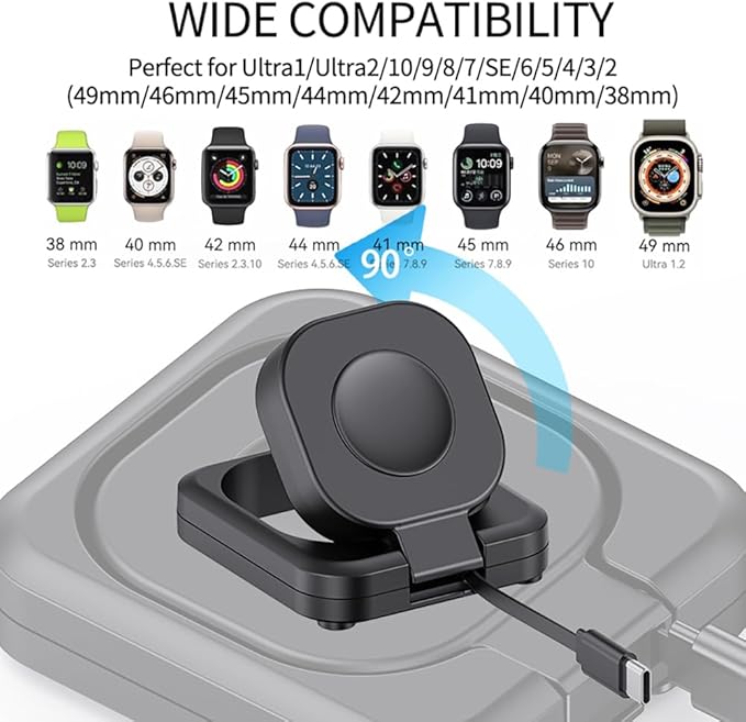 Portable Magnetic Charging Dockr for Apple Watch,Foldable Wireless Fast Charger Stand with 2.3 ft Retractable USB C Cable for Apple Watch Series10/9/8/7/6/5/4/3/2,Ultra/2/SE (Black)