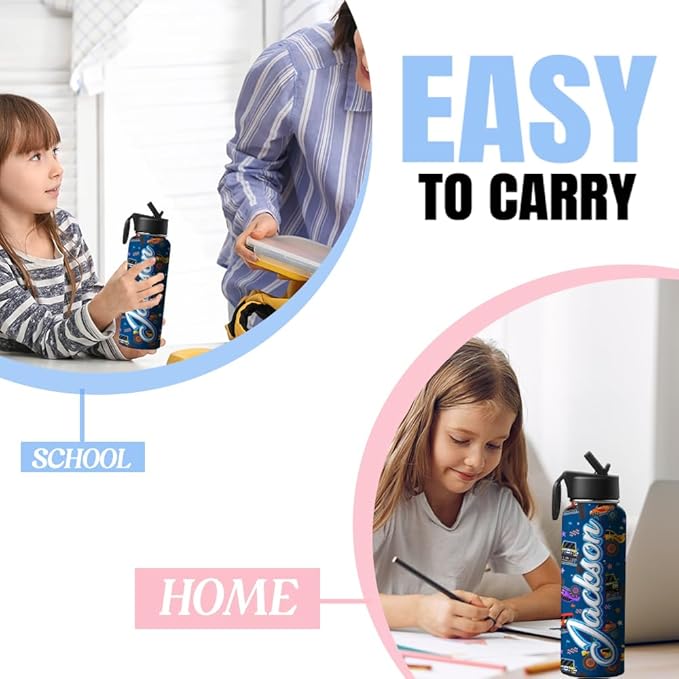 Personalized Water Bottles For Kids with Name, 18/32 oz Personalized Cute Stainless Steel Sports Water Bottle for Kid Men Women, Customize Double Wall Vacuum Insulated Bottle Birthday Gifts