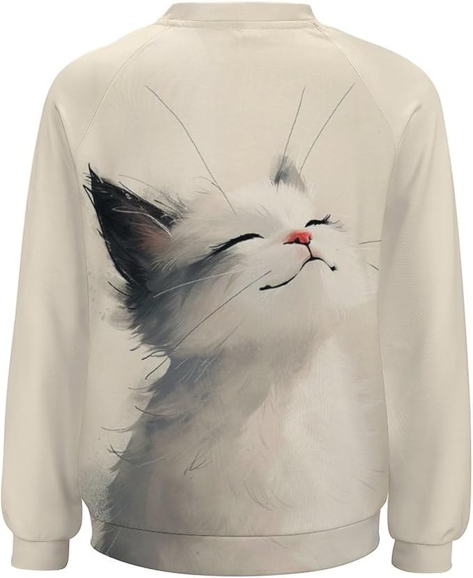 Long Sleeve Shirt Women Fall Cat Print Funny Hide Belly Vacation Plus Size Ladies Hippie Dressy Sweaters