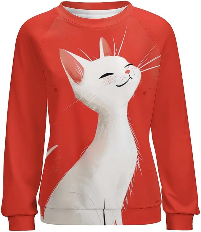 Long Sleeve Shirts for Women Cat Printed Fall Winter Dressy Holiday Casual Fashion Crewneck Tunic Tee Shirts