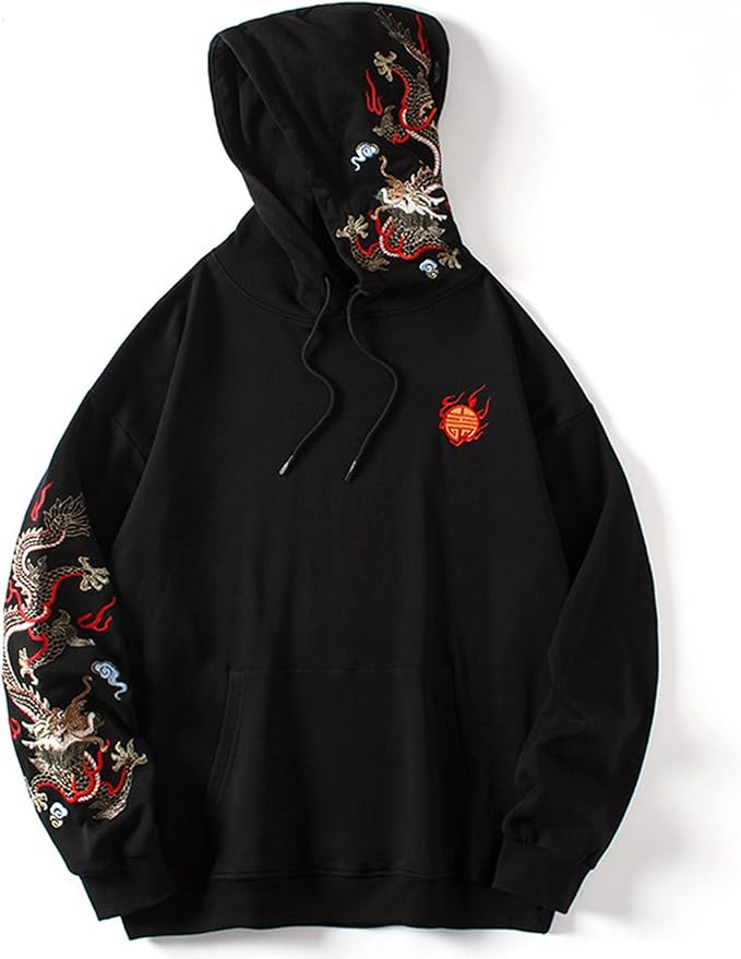 Streetwear Men's Dragon Embroidered Heavyweight Graphic Hoodies Japanese Techwear baggy Anime Hoodie