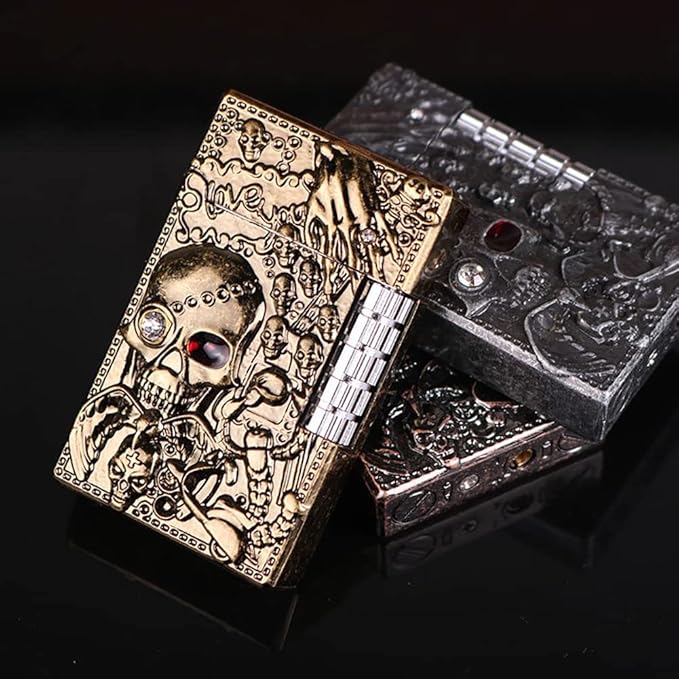 KAIEOMGN Carving Skull Antique Lighter, Vintage Cool Metal Lighters Refillable, Novelty Lighters for Men for Candles Ideas (No Butane Fuel). (Gold)