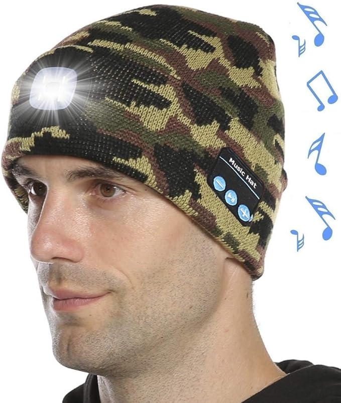 Bluetooth Beanie Hat with Light, Unisex LED Cap with Headphones Built-in Stereo Speakers & Mic, Tech Gift for Men Women Dad Camo Green