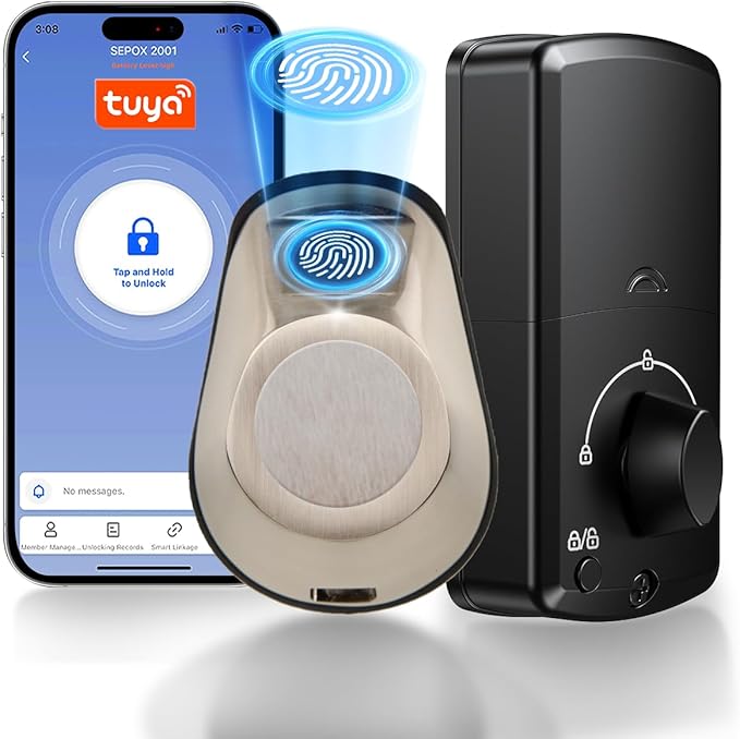 SEPOX® Satin Nickel Smart Deadbolt Door Lock, 5-in-1 Keyless Entry (Fingerprint, Tuya APP, WiFi, Bluetooth, Key) Auto Lock, Reversible Left Right for Exterior/Interior Entry Door