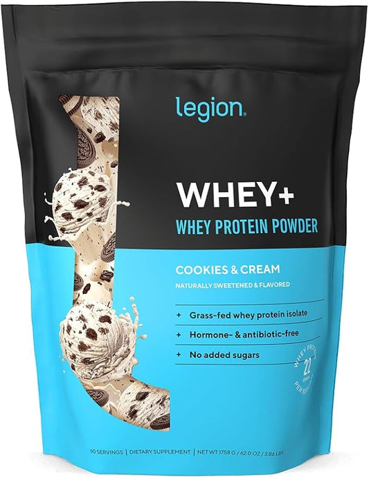 LEGION Whey+ Protein Whey Isolate from Grass Fed Cows - Whey Protein Isolate Powder Low Calorie, Non-GMO, Sugar Free, Lactose and Gluten Free, All Natural Protein Powder for Men & Women (60 Servings)