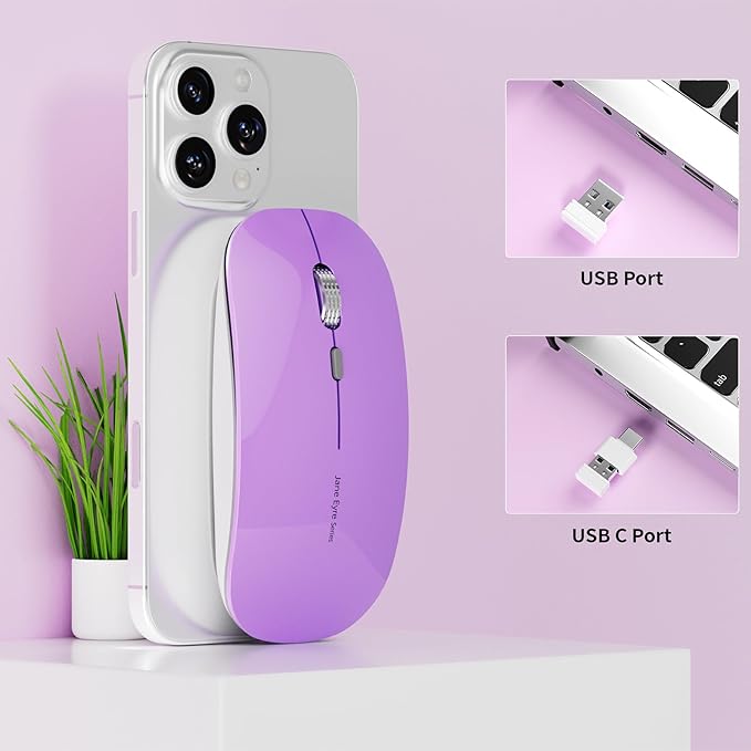 Uciefy Q5 Slim Rechargeable Wireless Mouse, 2.4G Portable Optical Silent Ultra Thin Wireless Computer Mouse with USB Receiver and Type C Adapter, Compatible with PC, Laptop, Desktop (Purple)