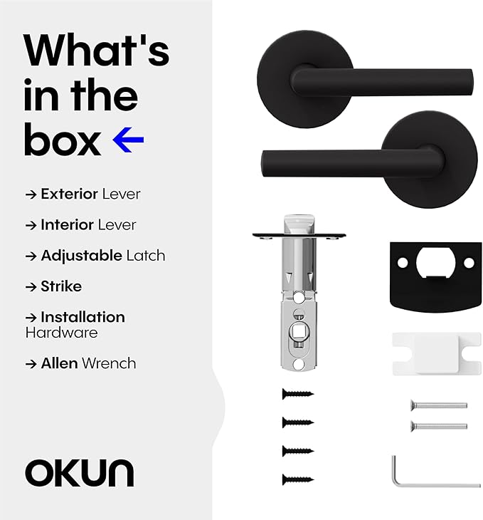 Okun Stark 2-Pack Matte Black Passage Door Levers – Reversible Non-Locking Interior Handles with Sleek Concealed-Mount Design for Hallways & Closets