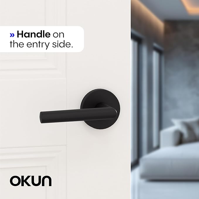 Okun Stark 2-Pack Matte Black Passage Door Levers – Reversible Non-Locking Interior Handles with Sleek Concealed-Mount Design for Hallways & Closets