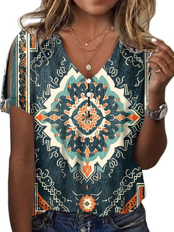 Women's Boho Butterfly Floral Print Cold Shoulder Flowy Tops Summer Dressy Casual V Neck Ladies Blouses Tunic Tops