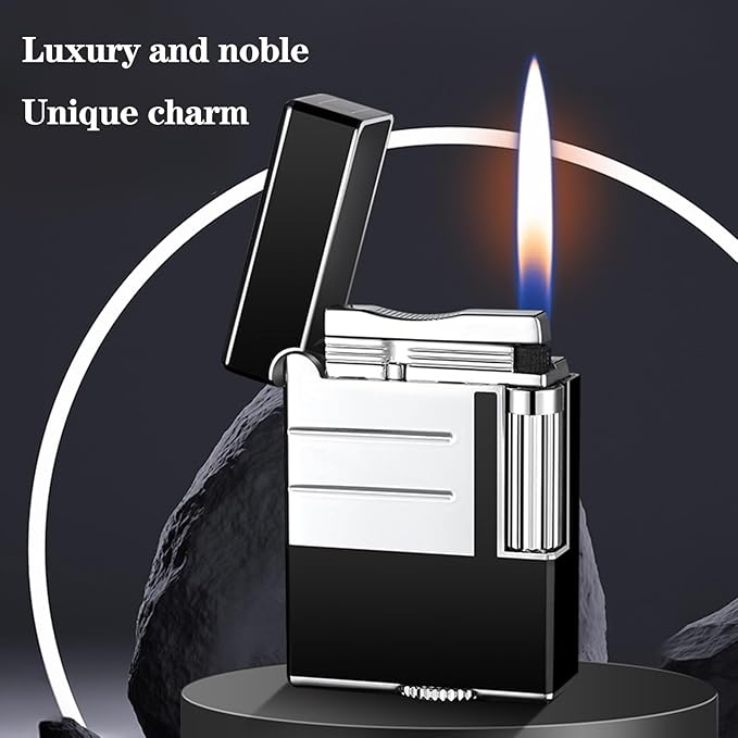 Classic Brushed Gas Lighters, Zinc Alloy Refilled Butane Lighter, Side Wheel Frosted Lighter, Adjustable Flame Flip Lighters, for Outdoor, Camping, Men's Gifts (Silver Black)