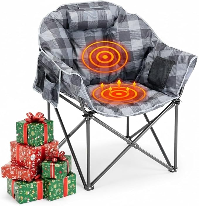 ABORON Oversized Heated Camping Chair, Portable Folding Recliner with 3 Heat Settings, Heavy-Duty Fully Padded Chair Supports Up to 500 lbs, Ideal for Outdoor Adventures