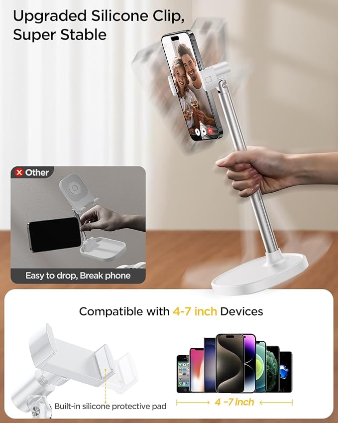 DIMONCOAT Adjustable Aluminum Alloy Cell Phone Stand - White, Universal Compatibility with 4-7 inch Devices, 180° Flip & 360° Rotation