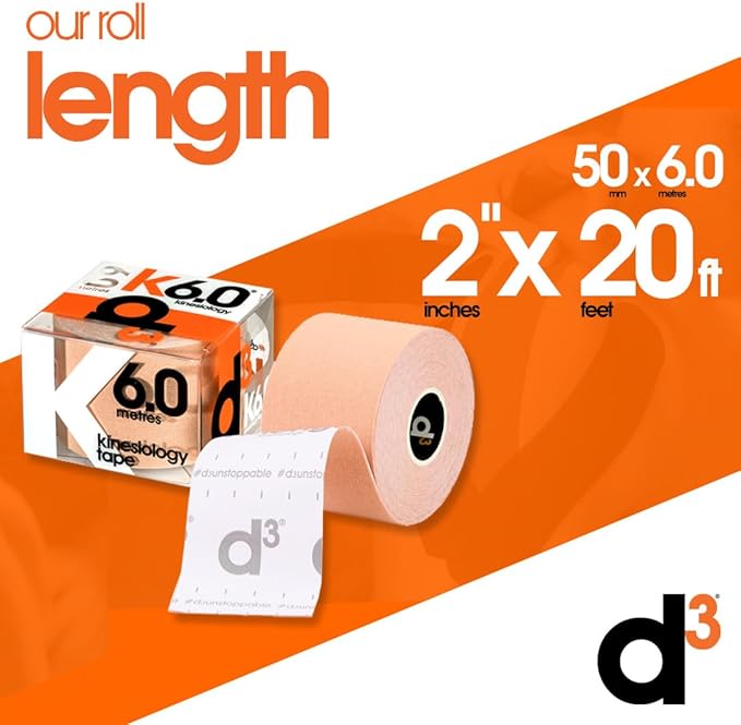 d3 K6.0 Kinesiology Tape - 2in x 20ft Black (1 Roll) Latex-Free Hypoallergenic Joint Muscle Sports Medical Injury Support